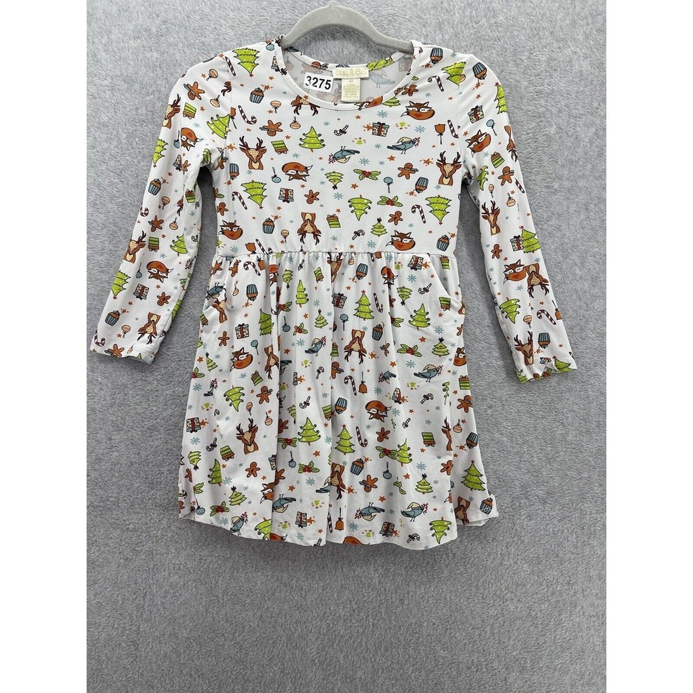 Emma & Elsa Girls Dress Long Sleeve A Line Holiday Christmas Print 6X Pockets